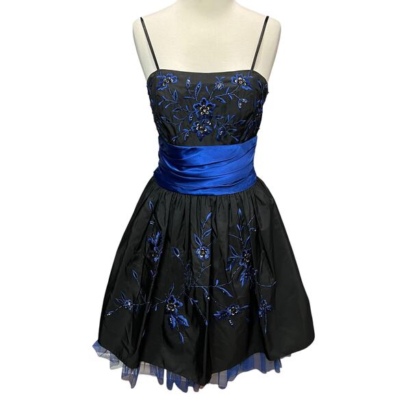 Vintage Y2K Morgan Co Dress 7/8 Black Blue Floral Embroidered Tulle Fairy Whimsy - Picture 1 of 16